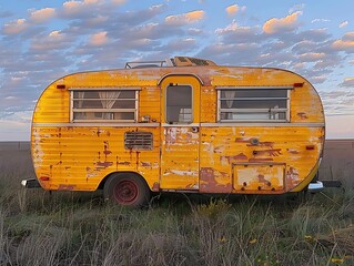 A vintage yellow camper trailer resting in a grassy field under a cloudy sky.