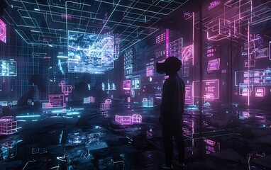 Person with VR Headset and Holographic Elements in Dark Room