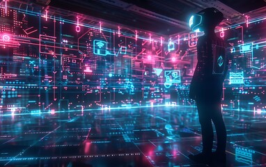 Person with VR Headset and Holographic Elements in Dark Room