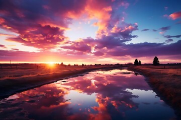 A serene sunset reflecting on a calm waterway amidst vibrant clouds and golden fields.