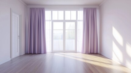 Fototapeta premium Minimalist empty living room with large window and white curtain interior
