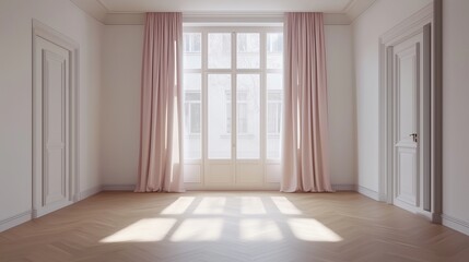 Minimalist empty living room with large window and pink curtain interior