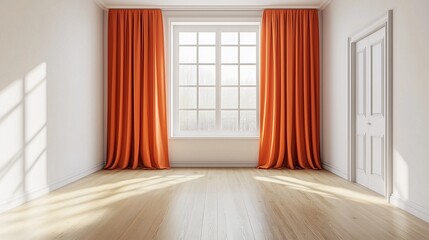 Obraz premium Minimalist empty living room with large window and orange curtain interior