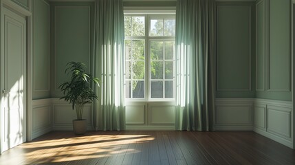 Fototapeta premium Minimalist empty living room with large window and green curtain interior