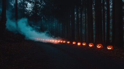 A dark forest path lined with jack-o'-lanterns, their eerie faces glowing as mist rises from the ground in the distance.