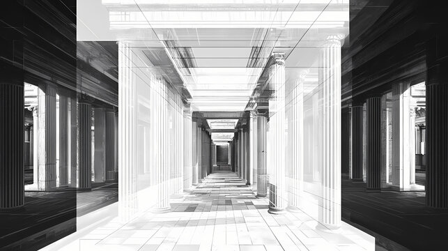 Stoa of attalos in black and white, with a geometric composition. generative ai. Greek Agora. Illustration