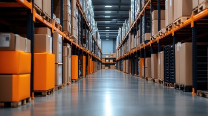 Fototapeta premium Spacious Warehouse Aisle with Stacked Boxes