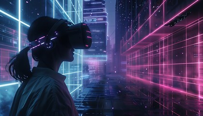 User in Futuristic Room with VR Headset Projecting Virtual Reality