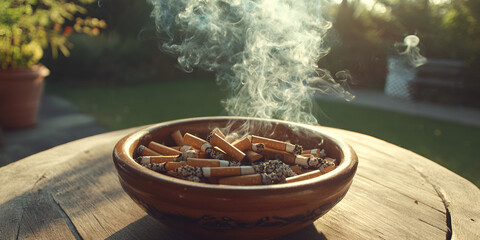  a wooden bowl filled with cigarette butts, emitting smoke. It's set against a blurred background, possibly indicating a sunset.