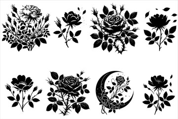 Rose Silhouette Vector Bundle Illustration. Wild Rose Silhouette Vector Set Isolated on white background. 