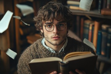 A Man in a Brown Sweater Reads a Book Surrounded by Flying Papers and Wears Glasses
