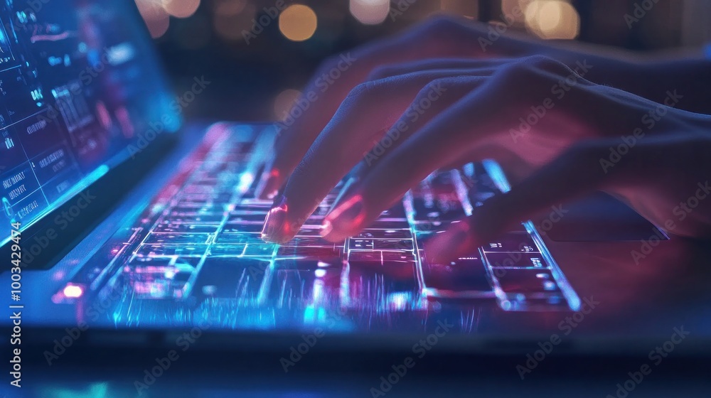 Poster close-up of hands typing on laptop keyboard with neon glowing keys