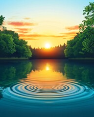 Tranquil sunset over a still lake with ripples in the water.