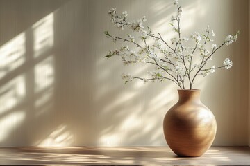 Serene Minimalist Interior with Soft Natural Light and a Simple Clay Vase of Delicate White Branch