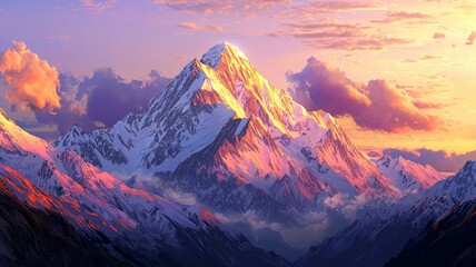 Mountain peak of the tibetan snow-capped mountains, a beautiful panorama of the mountains at sunset of the day - ai