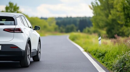 Fototapeta premium Electric Car on Scenic Roadway Amid Nature