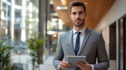 Fototapeta premium Professional Man Holding Tablet in Modern Office Space