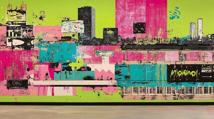 Abstract city skyline painting in vibrant pink, green and turquoise colors.
