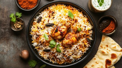 Delicious biryani dish with chicken and spices
