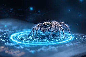 Cybernetic Spider: Futuristic digital art of a spider on a glowing blue circular symbol, technology, mystery, and the occult. 