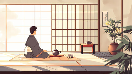Traditional japanese tea ceremony, precise movements, tatami room. Japanese Tea Ceremony. Illustration