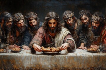 The Last Supper Depicted with Jesus Christ at the Center Sharing Bread and Fellowship