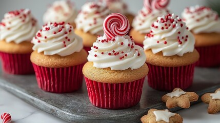 These adorable holiday themed mini cupcakes and gingerbread cookies are a festive treat. Each cupcake is topped with whipped cream, red and white sprinkles, and a candy cane, giving it a lively look.