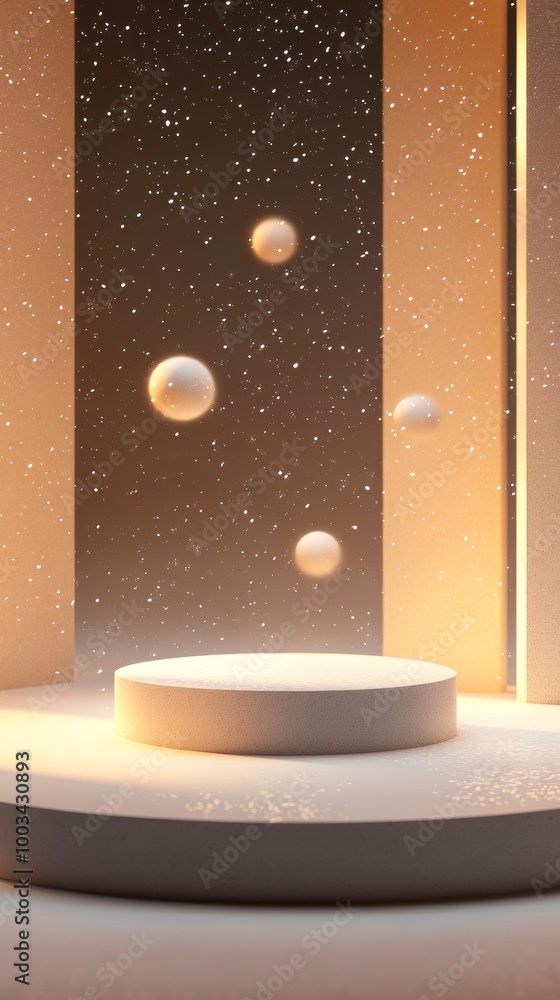 Poster illuminated abstract scene with floating spheres