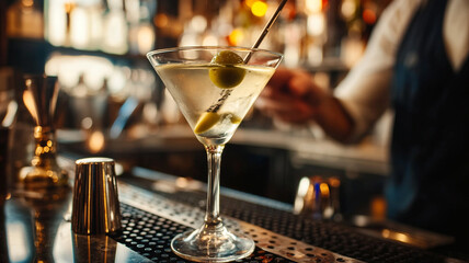 Celebrating National Bartender Day with a classic cocktail at a bustling bar in the evening
