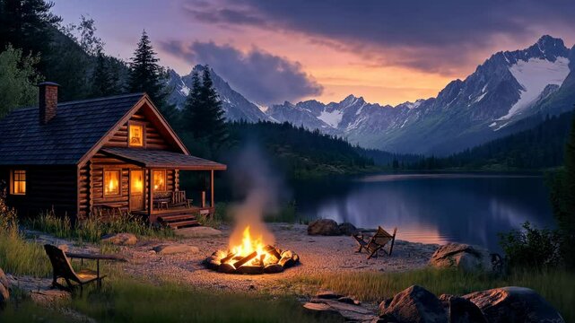 A cozy cabin sits by a tranquil lake with a fire crackling in front, surrounded by majestic mountains and a vibrant sunset