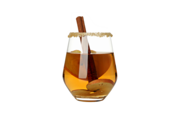 PNG, Apple cider with cinnamon in glass, isolated on white background