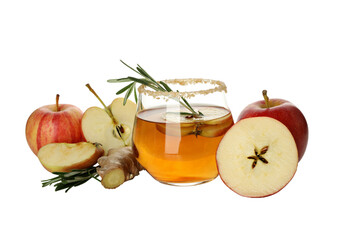 PNG, Аpple cider in glass, apples, rosemary branches and ginger root, isolated on white background