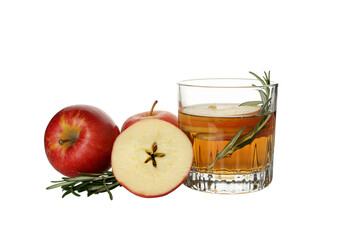 PNG, Apple cider in glass, apples and rosemary branches, isolated on white background