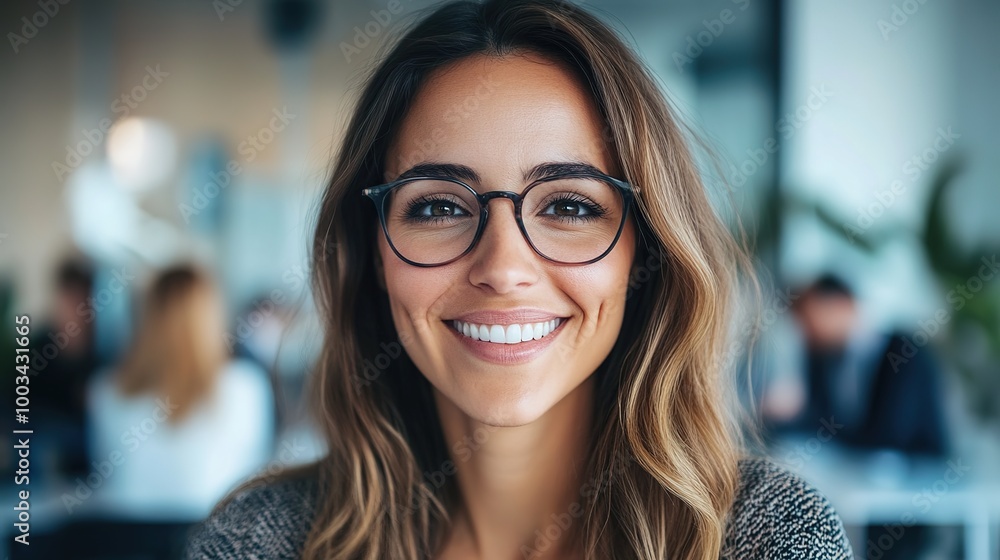 Wall mural Smiling Woman with Glasses in Modern Workspace