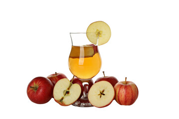 PNG, Apple cider in glass and red apples, isolated on white background