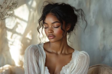 Elegant Fashion Model Poses Gracefully Against a Serene Neutral Backdrop