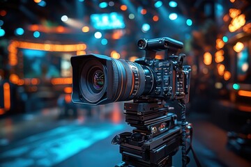 Brightly Lit Television Studio Set Captured by Professional Video Camera in Dynamic Colors