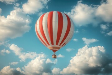 A Vibrant Red and White Hot Air Balloon Soars Through the Clear Blue Sky