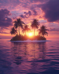 Beautiful white island in the pacific with palms, violet sunset, sea is azure blue