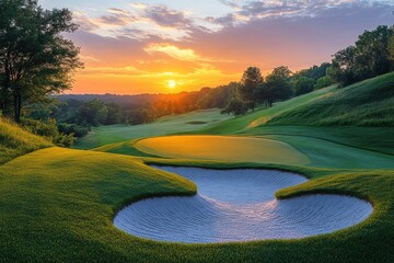 Serene Sunrise Over a Scenic Golf Course Surrounded by Woods and Winding Sand Bunkers