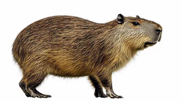 A capybara stands on a white background, looking to the right