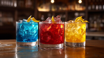 Colorful cocktails garnished with lemon slices at a lively bar for National Bartender Day