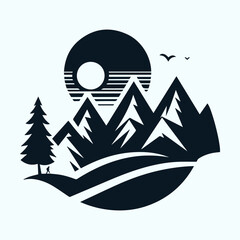 Minimalist Mountain Landscape with Sun and Hiker Silhouettes for Adventure Branding
