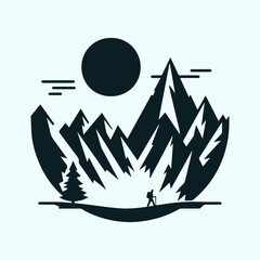 Adventure Branding with Minimalist Mountain, Sun, and Hiker Silhouettes
