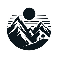 Minimalist Mountain Landscape Silhouettes with Sun and Hiker for T-Shirt Design
