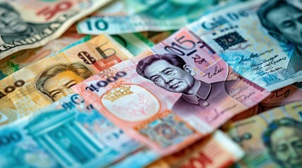 Obraz premium Intricate Designs and Denominations: Scattered Thai Banknotes Showcasing Thai Currency