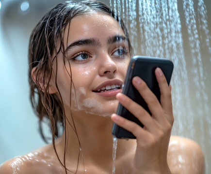 Uma jovem interrompe seu banho para interagir com o celular. A imagem reflete a depend&ecirc;ncia da tecnologia no cotidiano, evidenciando a dificuldade de se desconectar, mesmo em momentos de privacidade