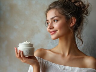 Uma linda jovem com expressão de bem-estar, segurando creme corporal e promovendo o cuidado pessoal e a estética.