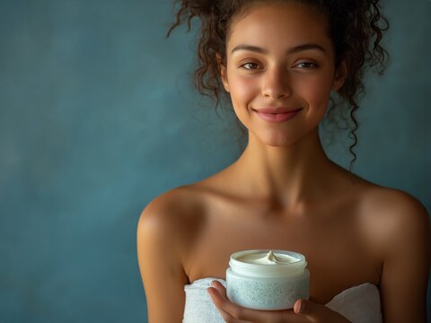 Uma linda jovem com expressão de bem-estar, segurando creme corporal e promovendo o cuidado pessoal e a estética.