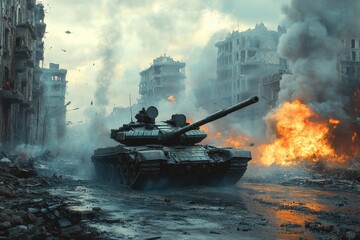 Urban Warfare Unleashed as a Tank Navigates Through a Ruined City Amidst Explosions and Chaos